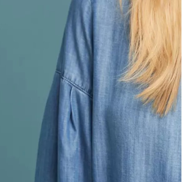 Anthropologie Cloth & Stone Bell Sleeve Tunic Dress Chambray Denim Blue 8 M Mini - Picture 6 of 6